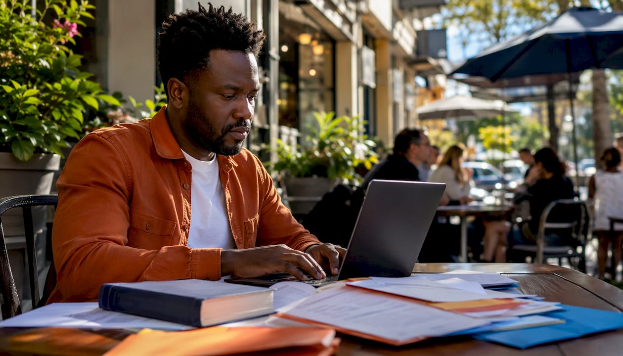 NAATI-certified translator typing at library table