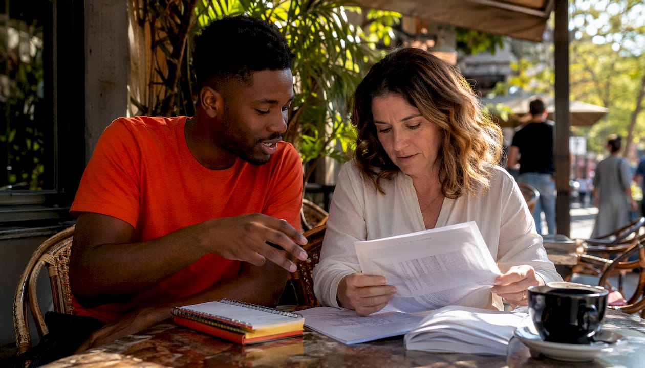 Two professionals discussing NAATI certification documents