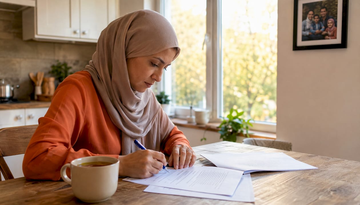 Translator reviewing inheritance documents in office