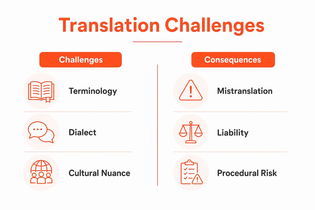 Infographic showing legal translation challenges and consequences