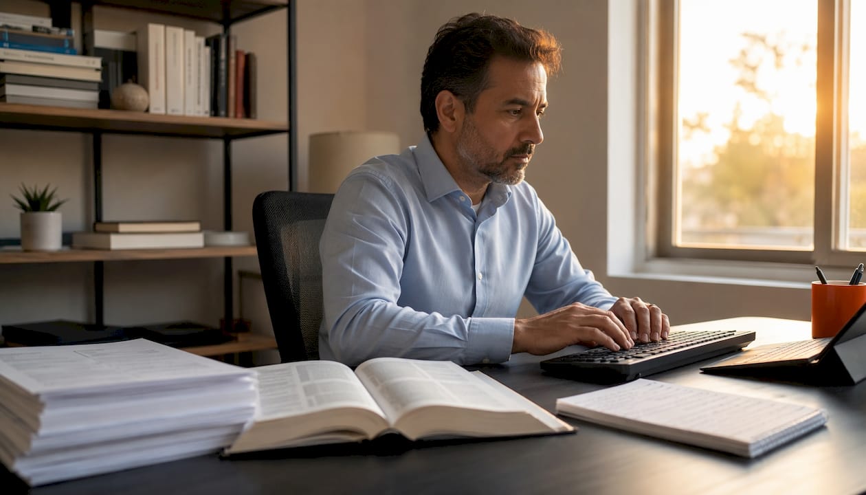 Translator typing with transcripts and dictionary nearby