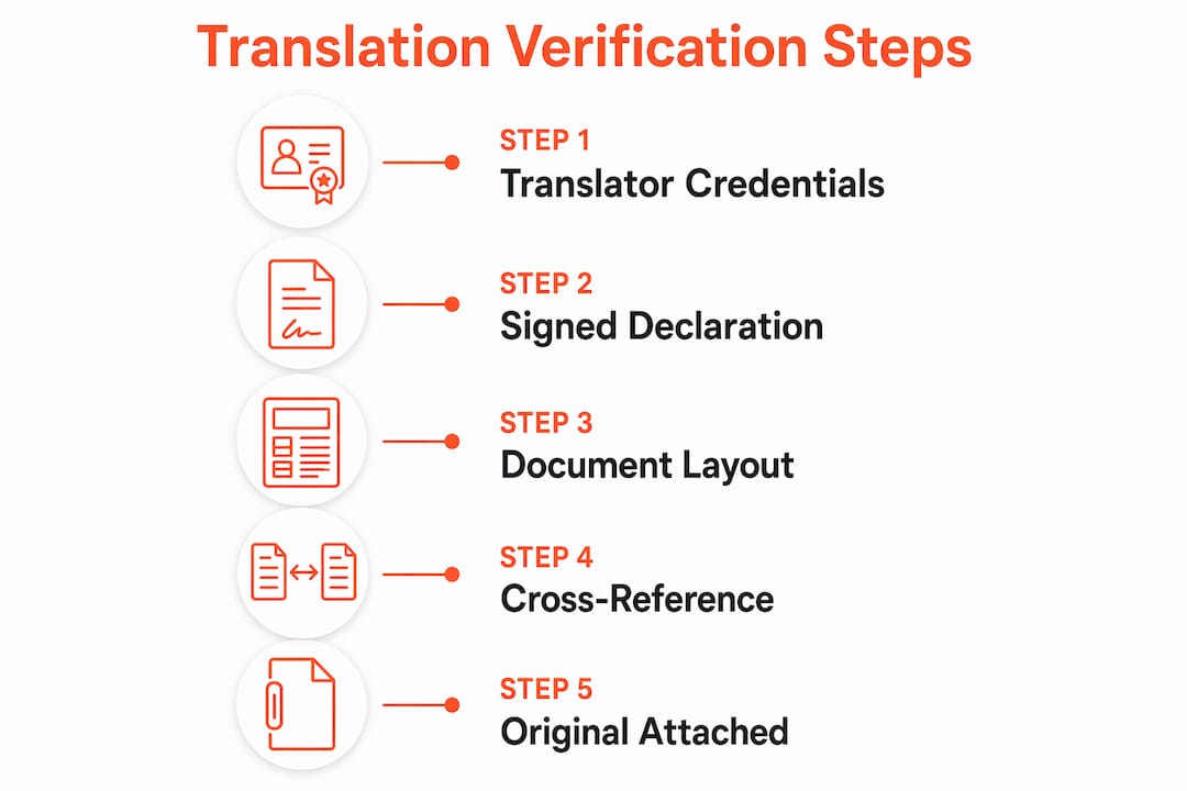 Infographic with numbered steps for visa document translation verification