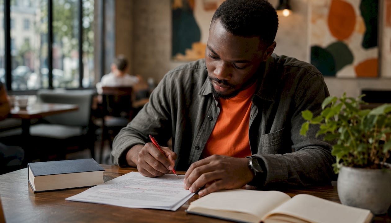 Man reviewing translated tender document with pen