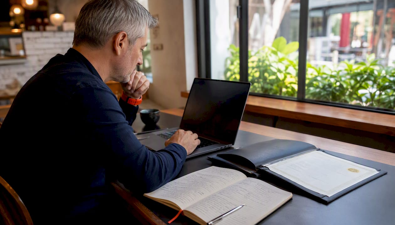 Professional verifying translator credentials on laptop