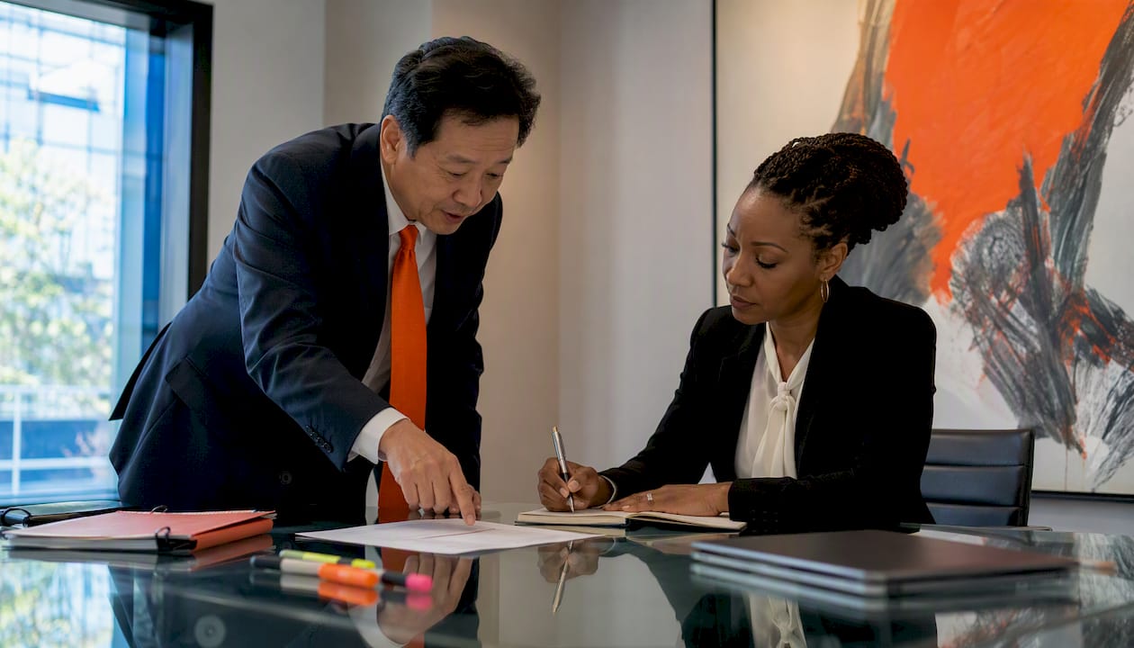 Translator briefing legal counsel on document