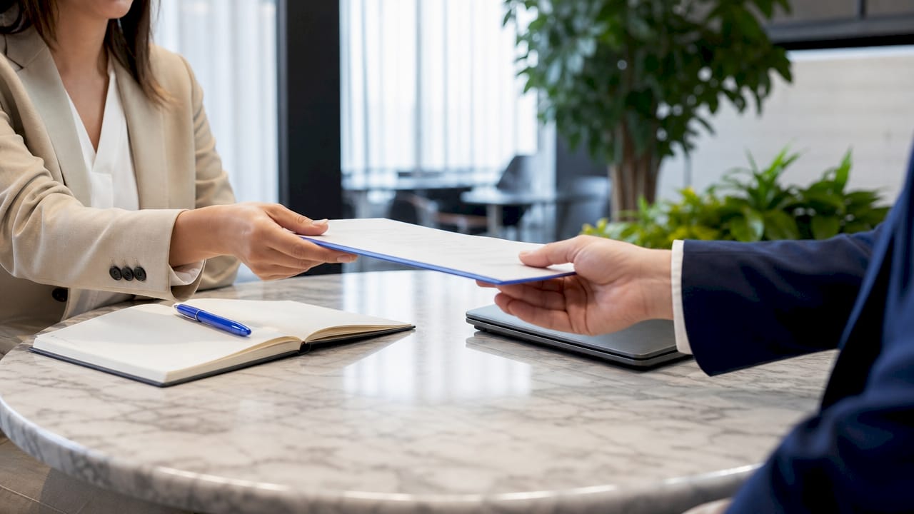 Hands exchanging sponsorship certificate in office