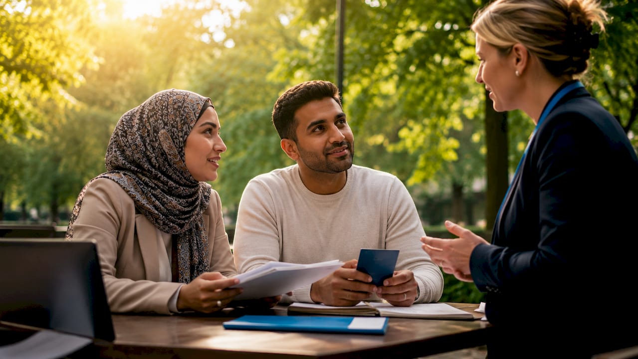 Couple discussing UK spouse visa eligibility with advisor