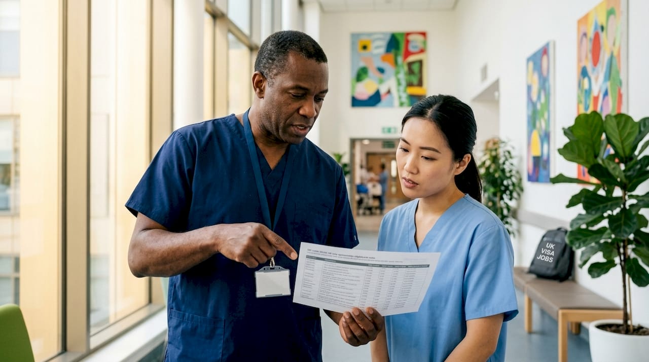 Nurse explaining NHS visa role eligibility to colleague
