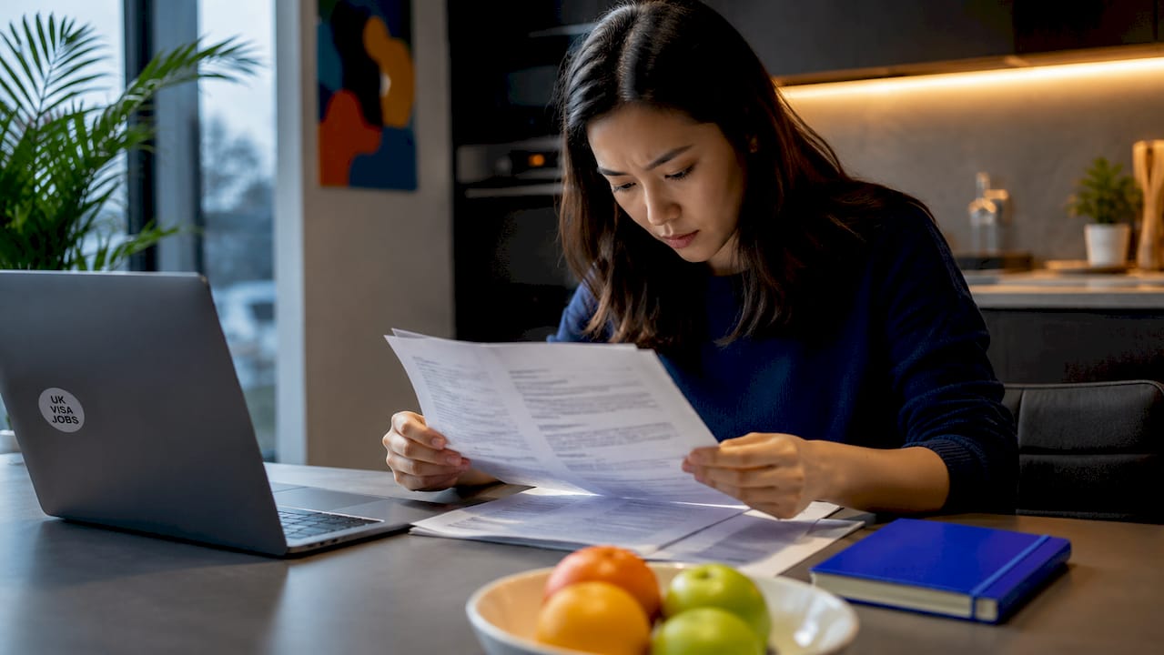 Woman reviewing UK cybersecurity career listings at desk
