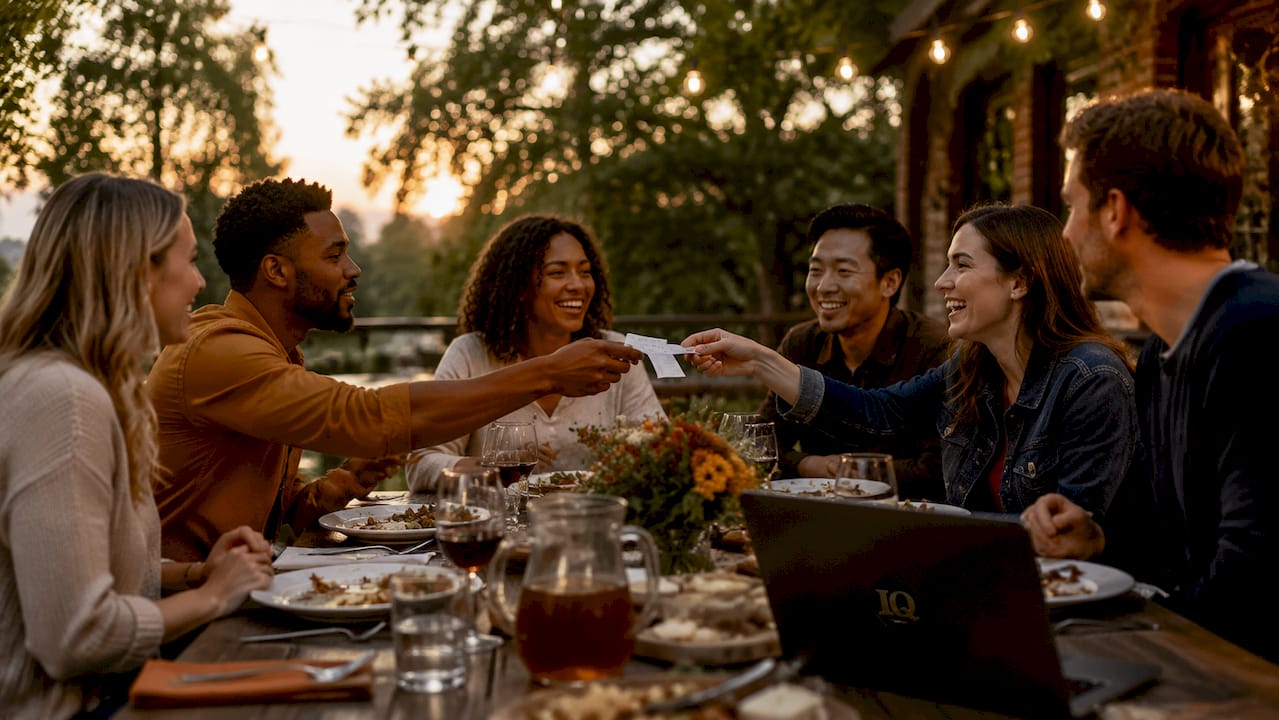 Group discussing tipping at restaurant table