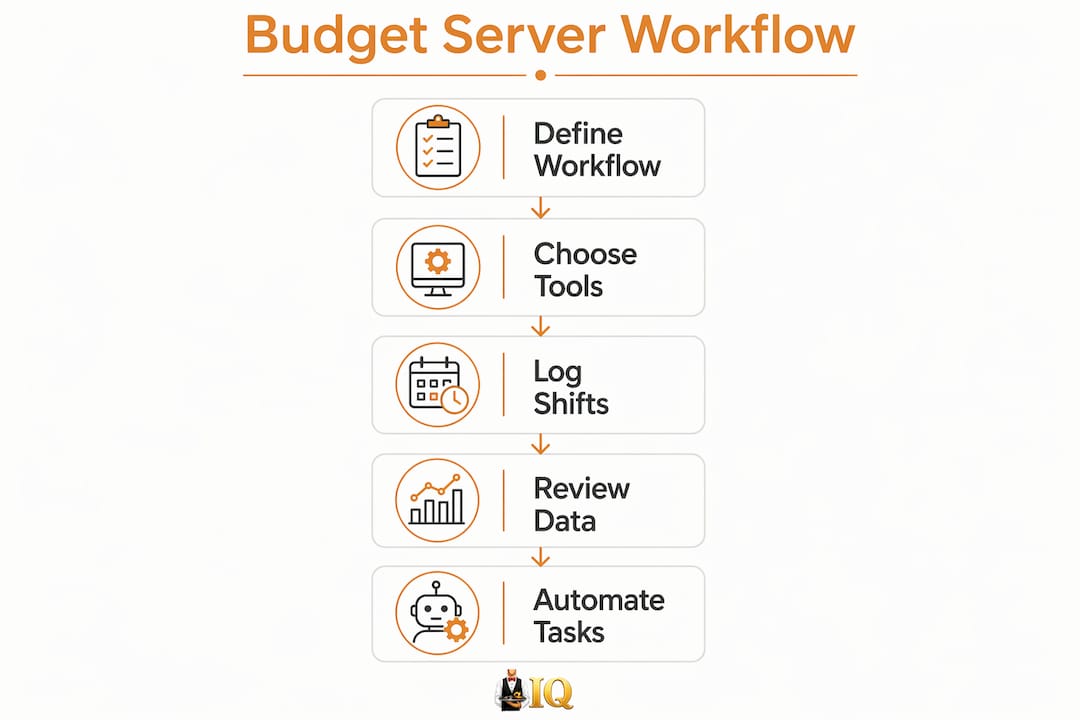 Infographic showing budget server management workflow steps