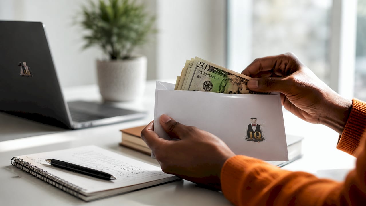 Hands putting cash into buffer savings envelope