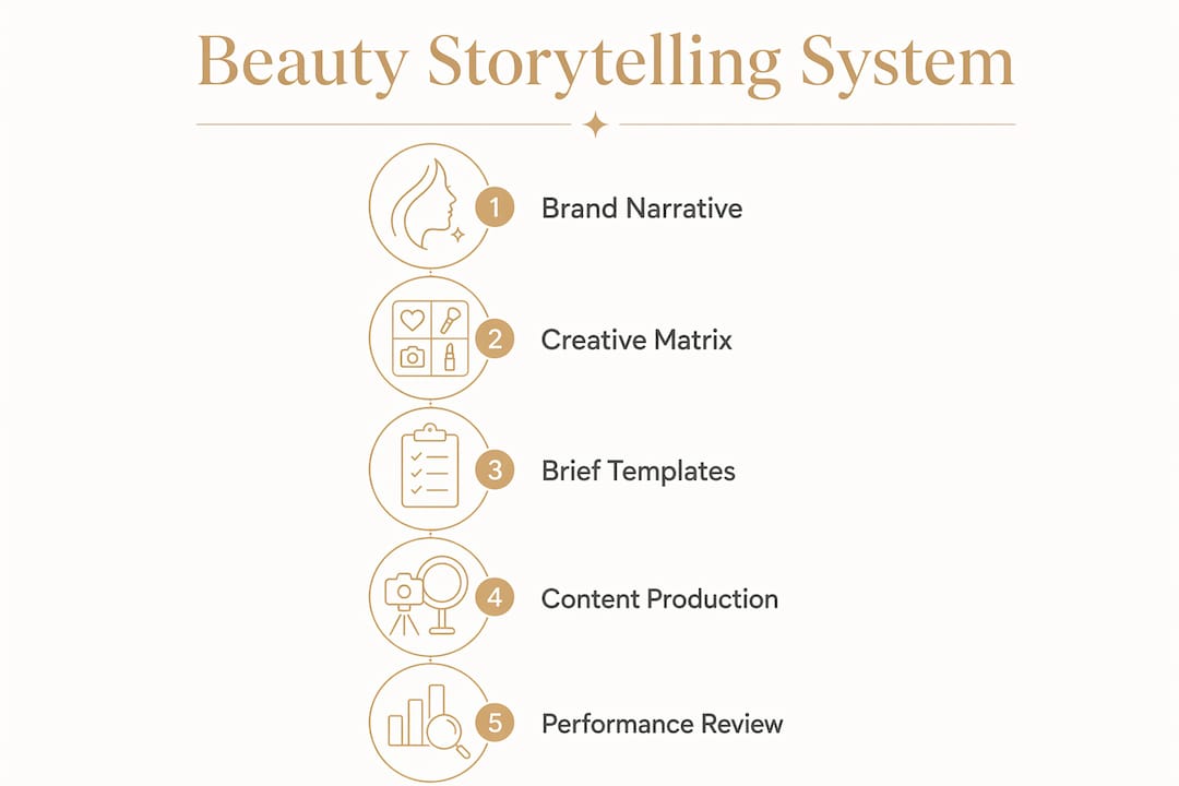 Infographic illustrating scalable beauty storytelling system steps