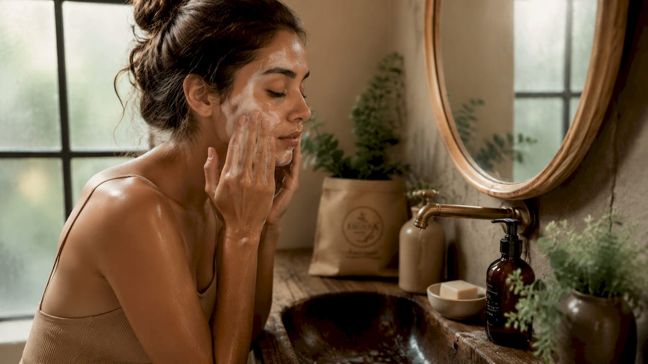 Close-up of hands cleansing skin with foam