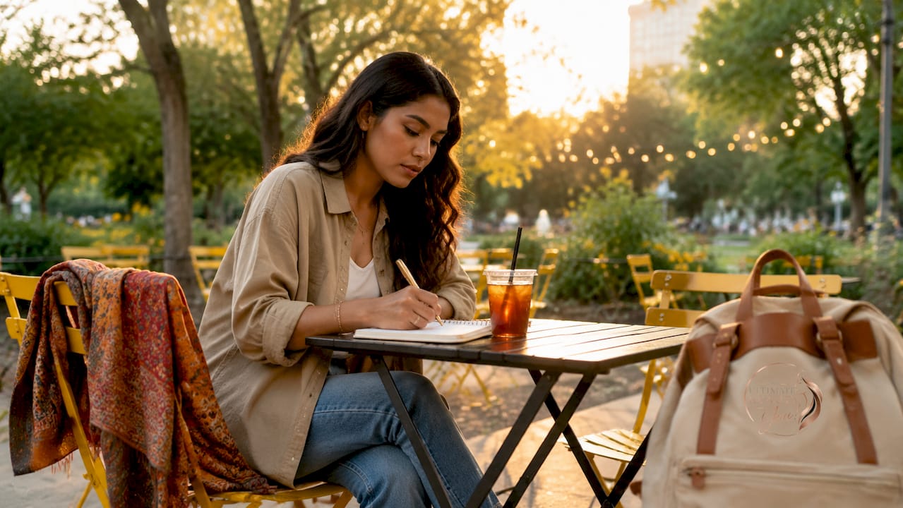 Woman writing emotional style intentions in café