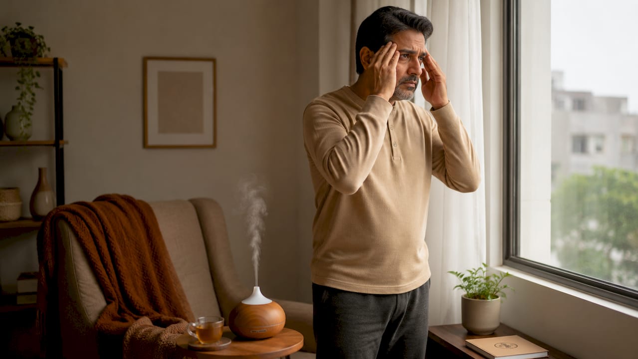 Man massaging temples showing stress effects
