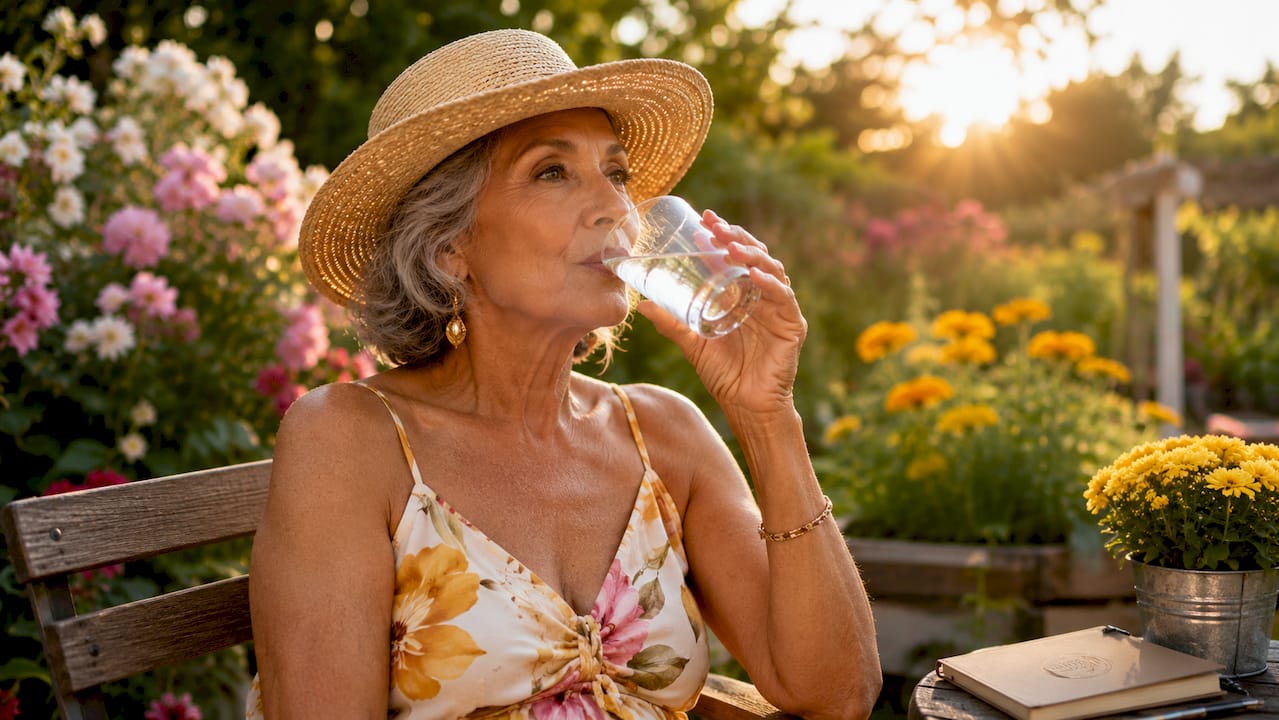 Older woman drinking water in garden