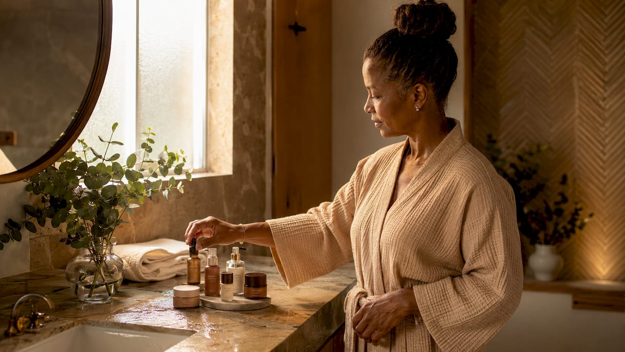 Hands reaching for skincare replenishment products