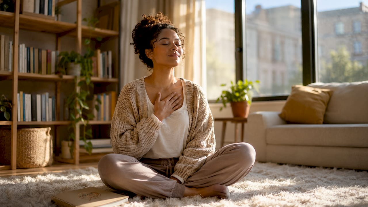 Woman practicing self-love affirmation ritual at vanity