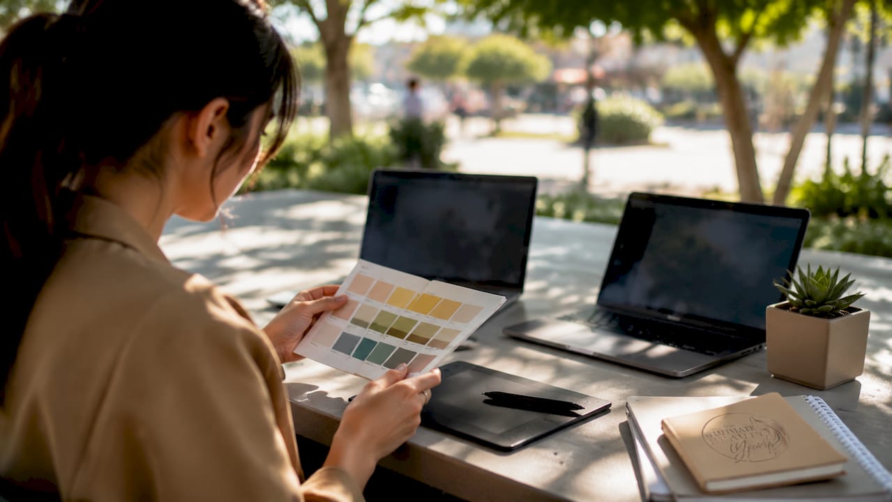 Hands selecting color swatches at design workspace