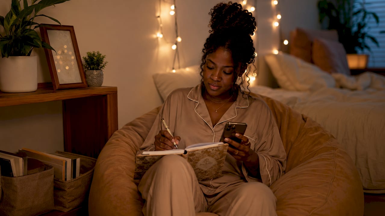 Woman recording daily wins on smartphone at home