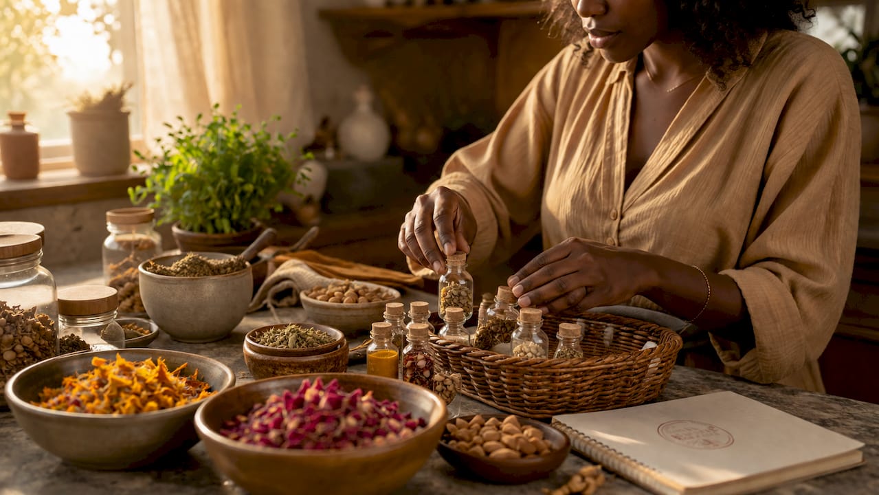 Hands sorting ethical beauty ingredients in workshop