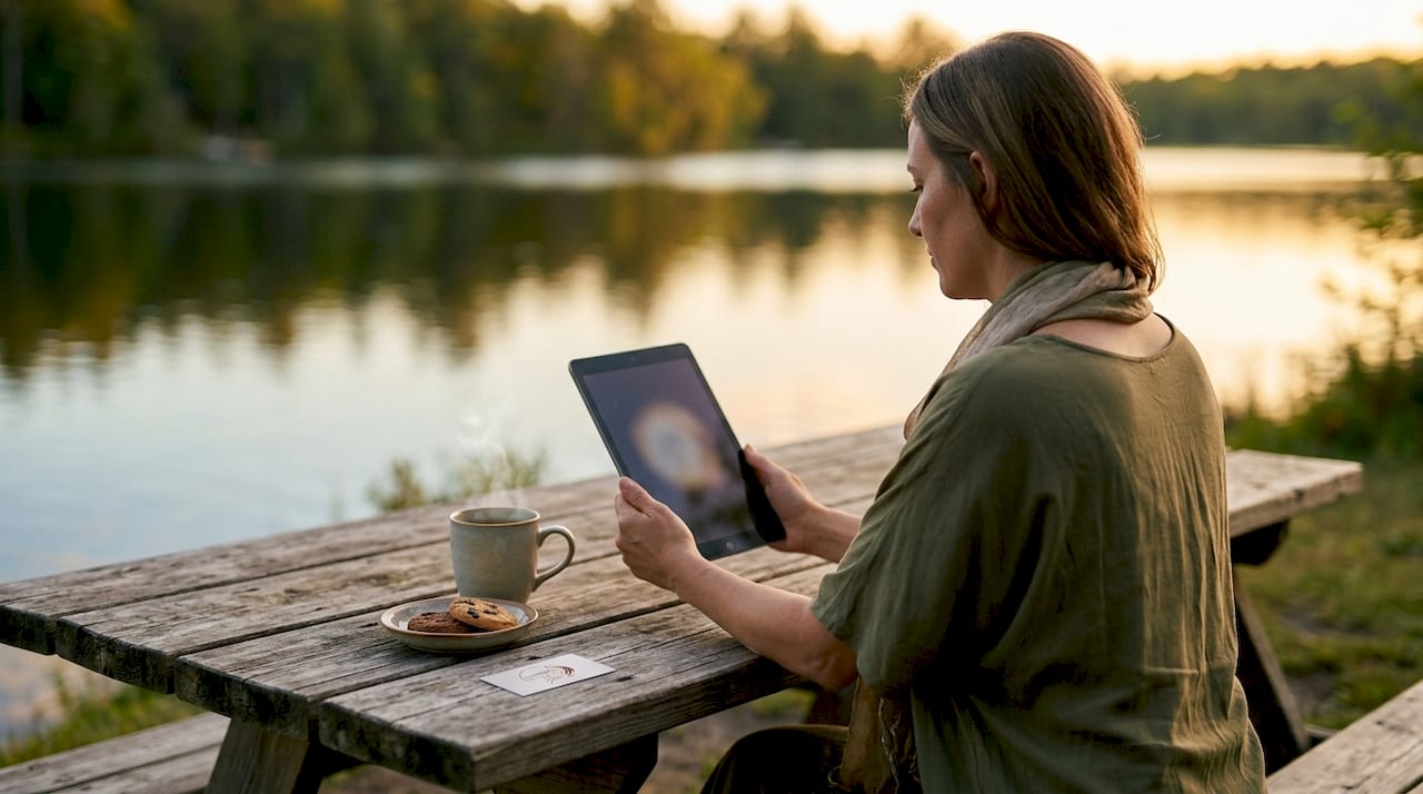 Hands reviewing niche beauty customer feedback on tablet