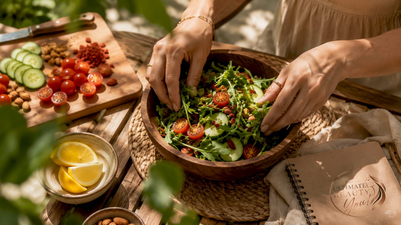 Hands mixing antioxidant-rich salad ingredients