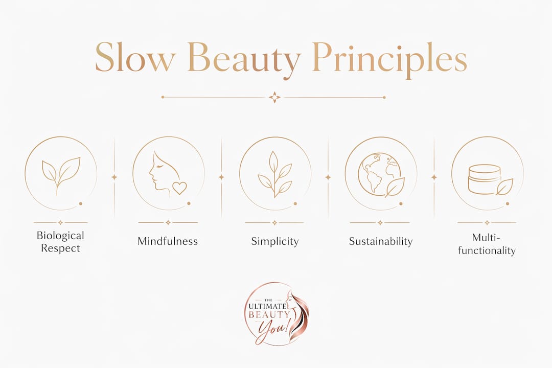 Infographic depicting core slow beauty philosophy principles