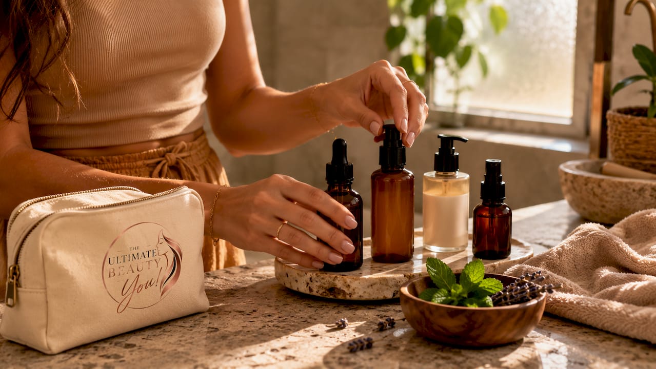 Hands arranging minimalist skincare products