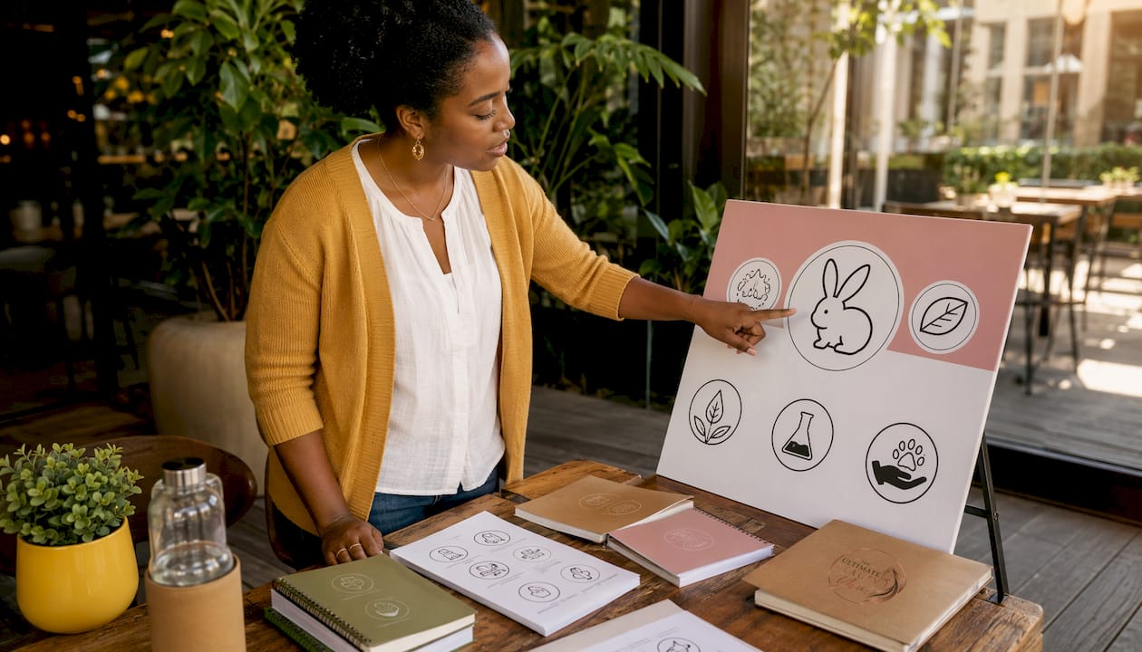 Woman explaining cruelty-free certification logos in office