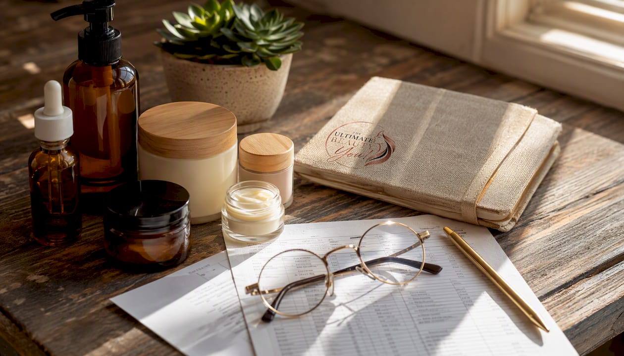 Overhead view of natural skincare ingredient list evaluation