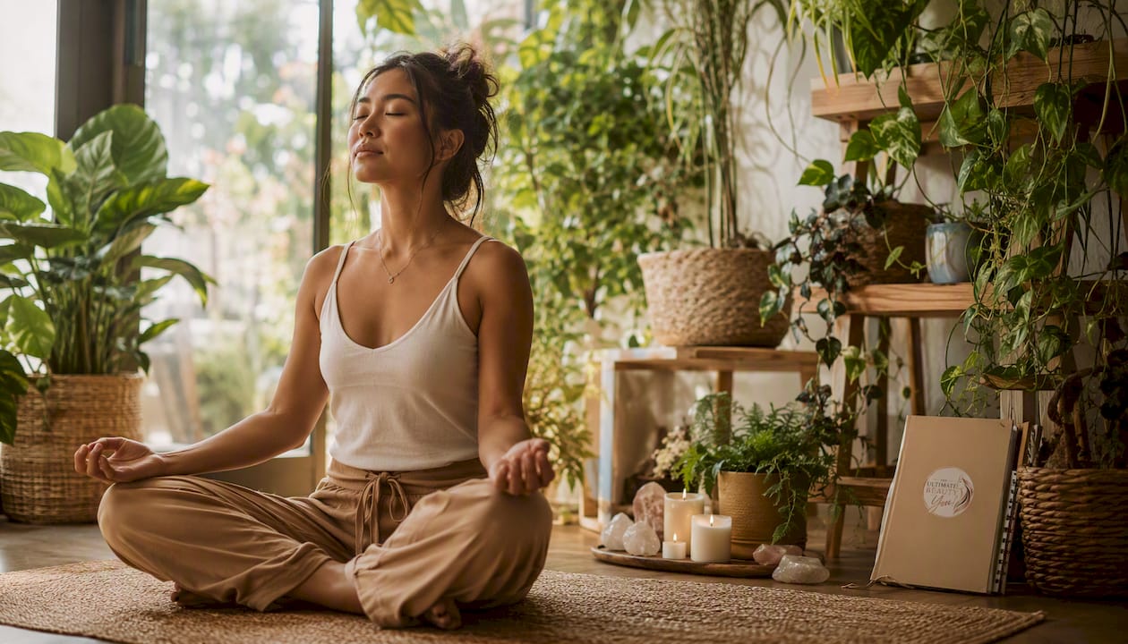Meditating woman practicing self-reflection indoors
