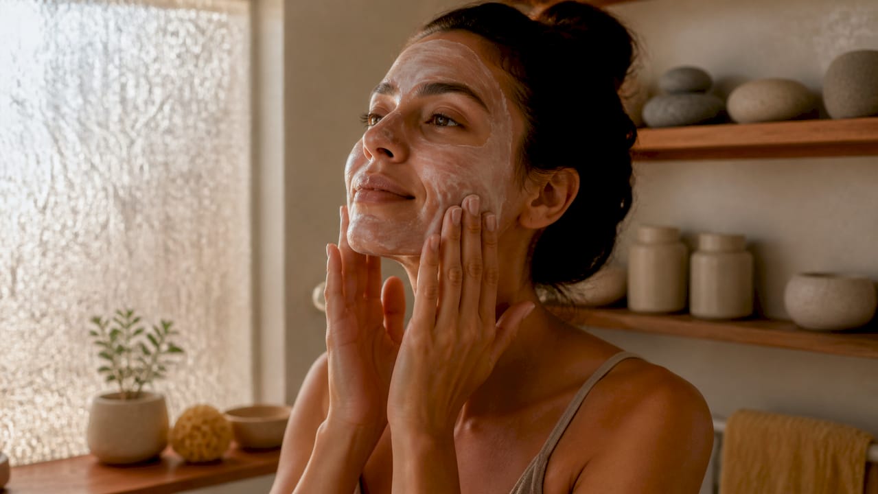 Woman gently applying moisturizer in bathroom