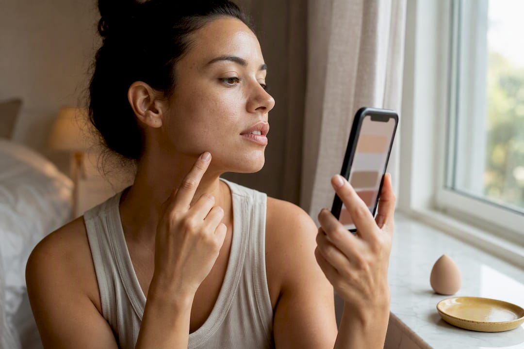 Woman using digital foundation shade finder