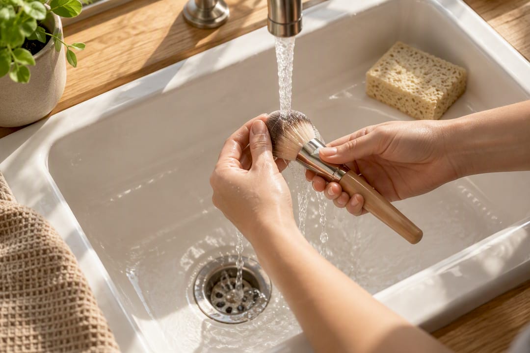 Hands washing makeup brush at sink