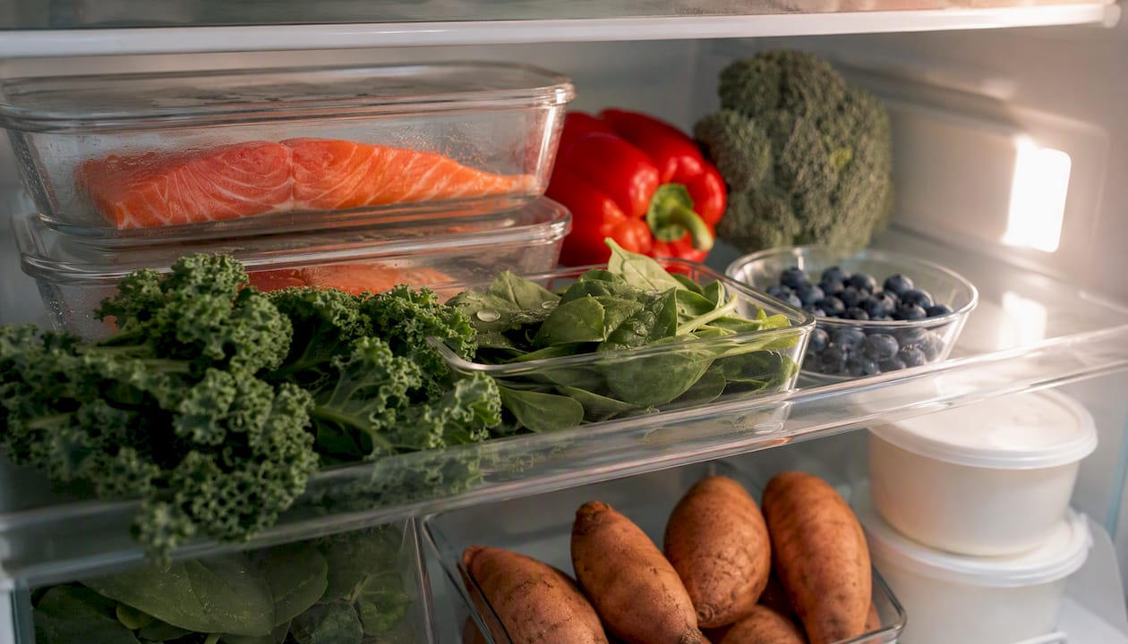 Fresh menstrual health foods inside fridge