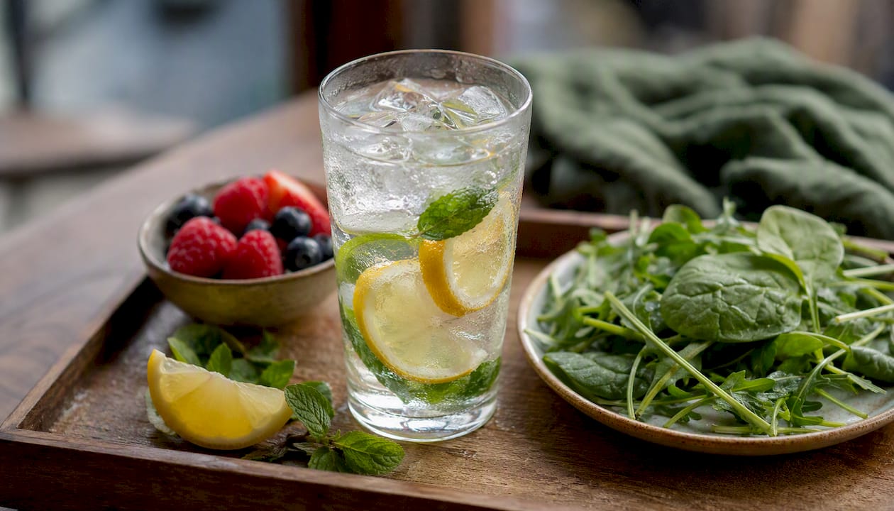 Water glass, herbal tea and hydrating foods on tray