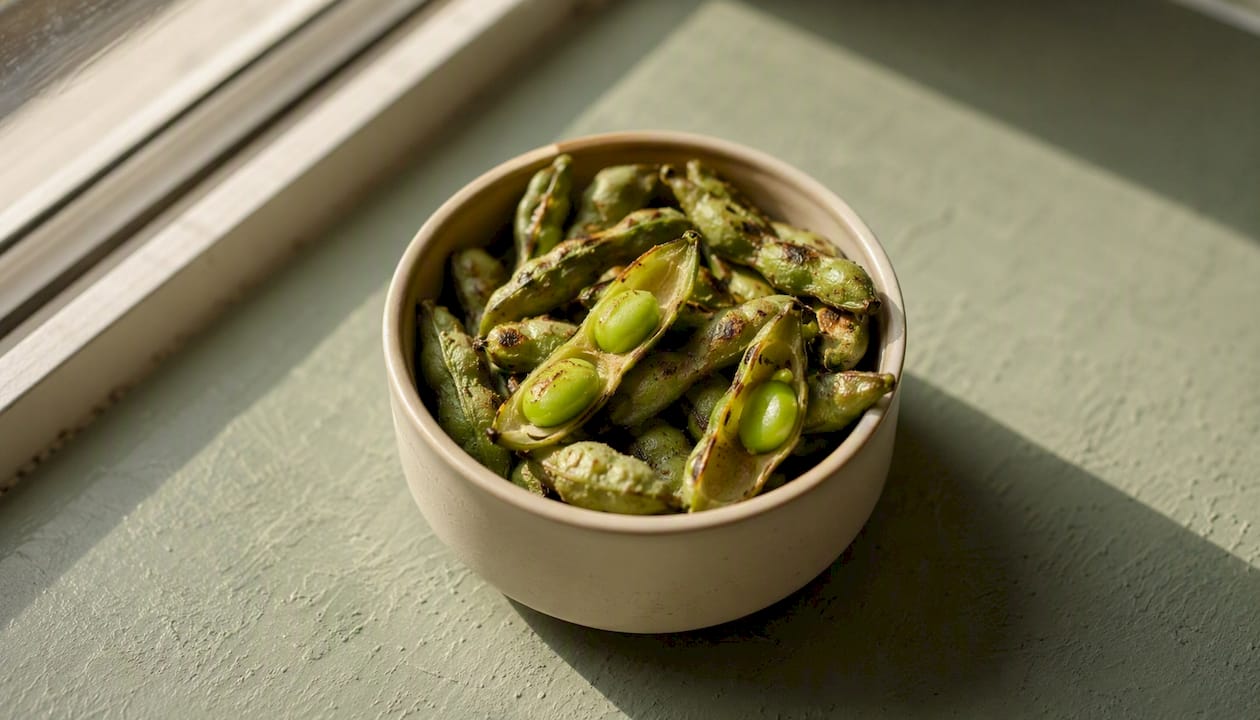 Close-up of roasted edamame in bowl