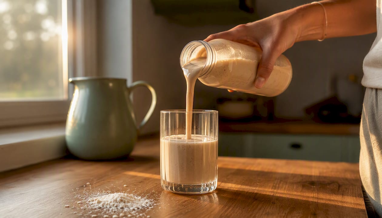 Hand pouring protein shake into glass