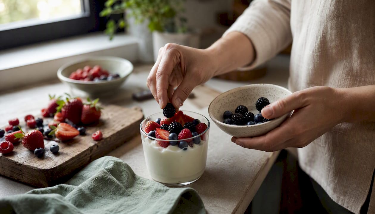 Hands adding berries to Greek yogurt