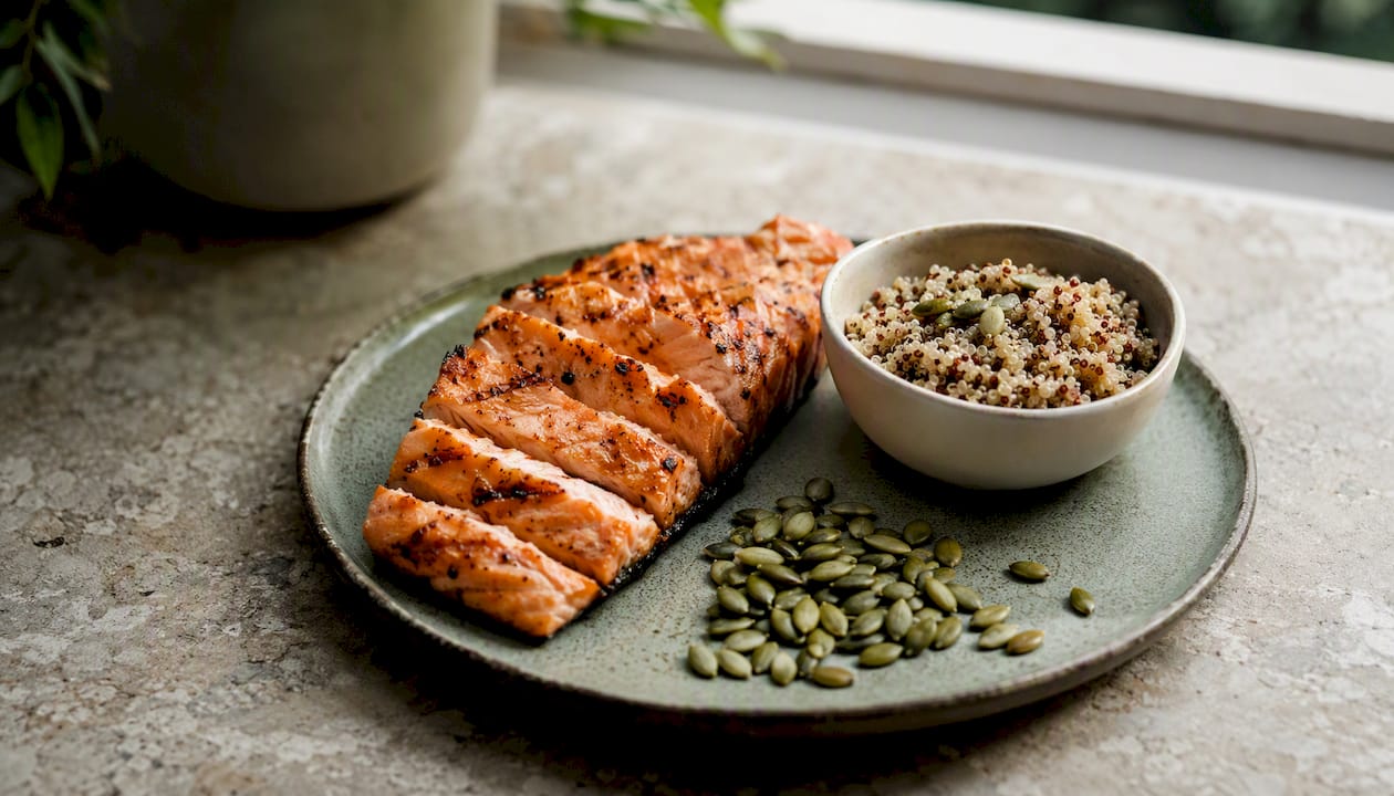 Leucine-rich protein foods on wooden surface