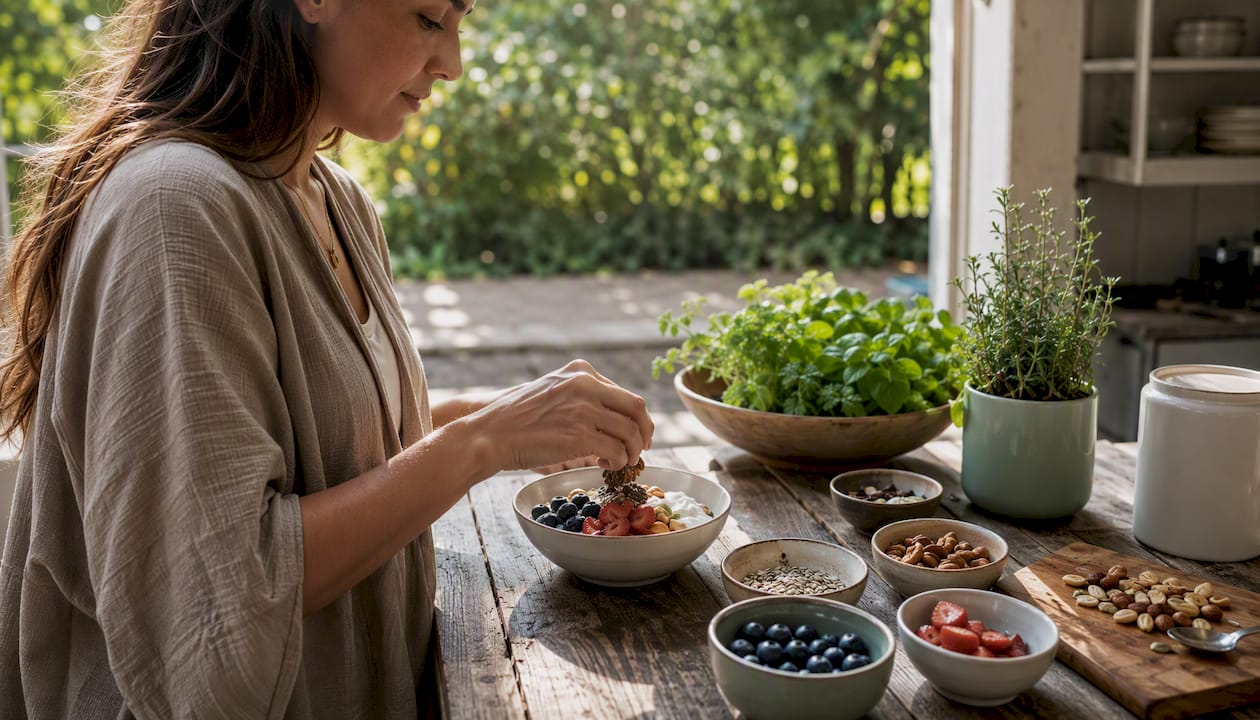 Hands preparing high-protein snack bowl