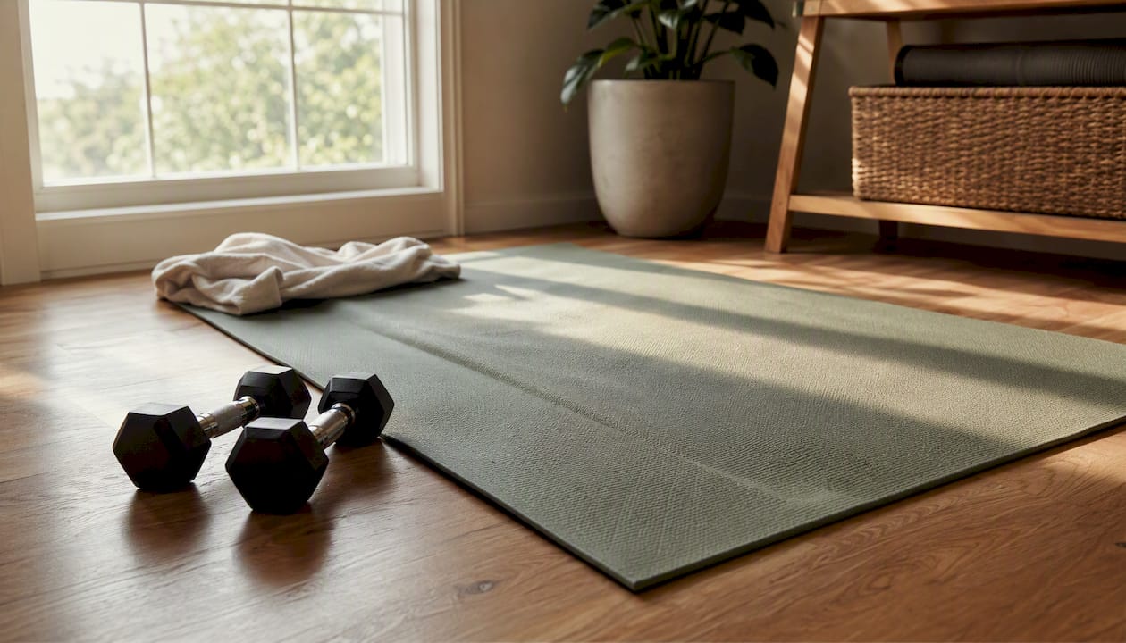 Dumbbells and yoga mat in home workout corner
