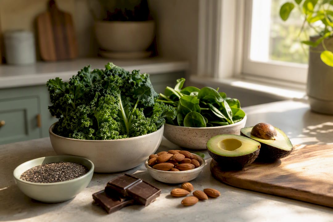 Fresh hormone-balancing foods on kitchen counter