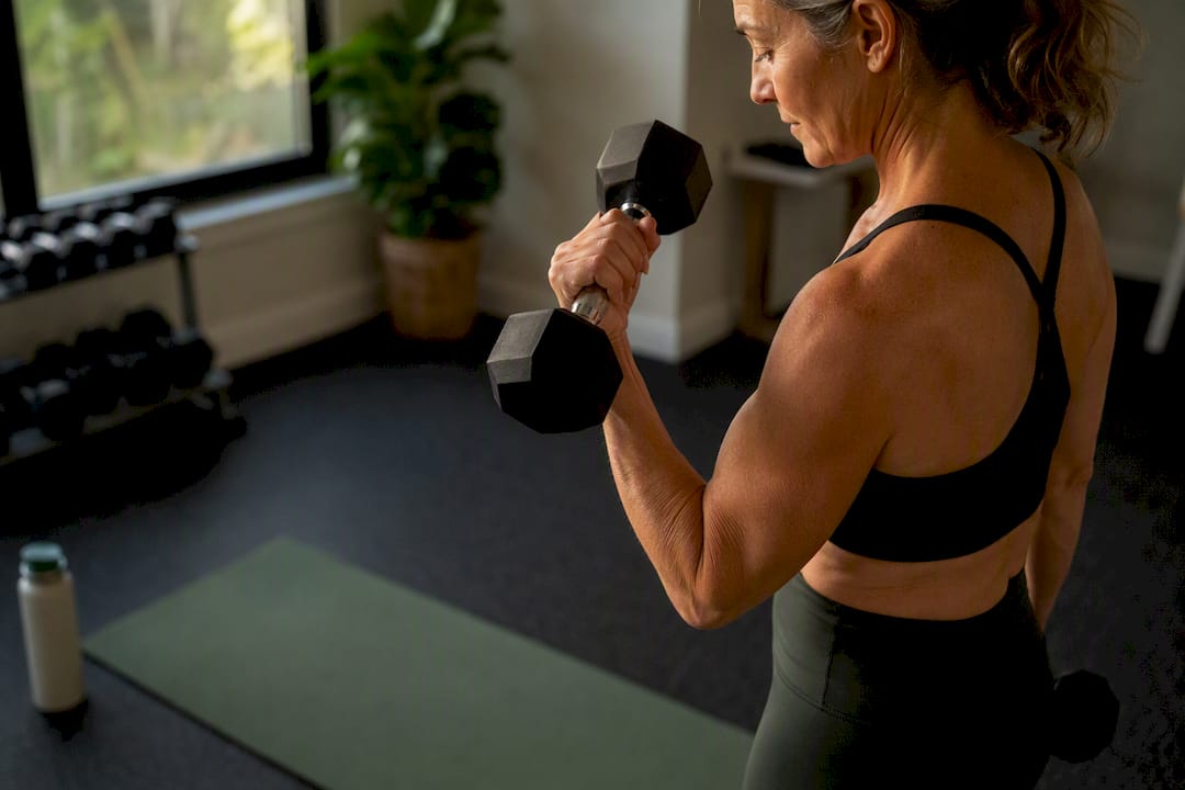 Woman curling dumbbell in home gym