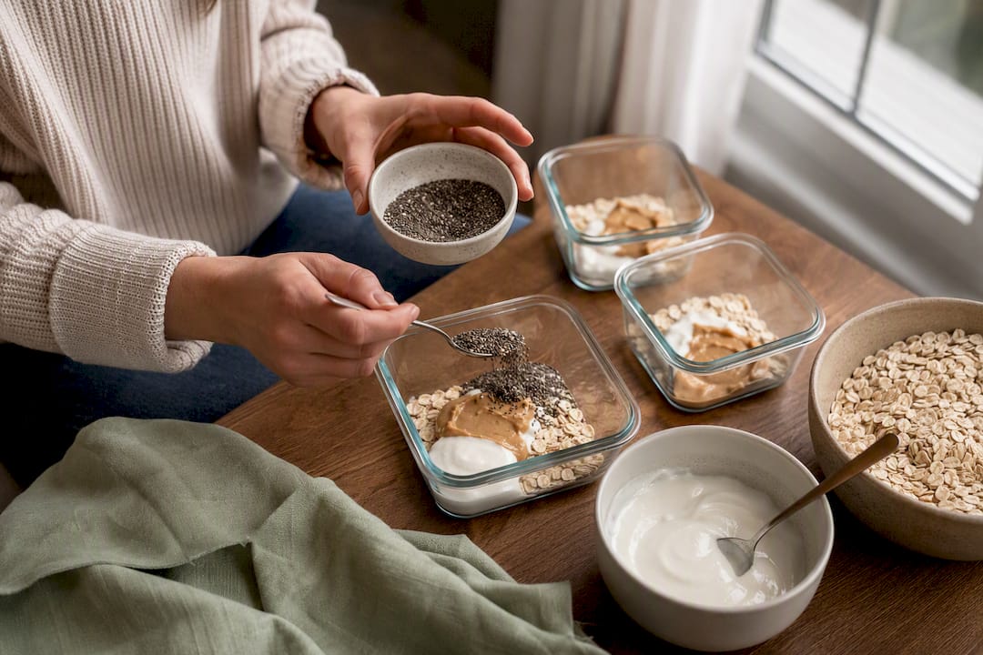Hands preparing allergy-friendly cycle syncing snack packs