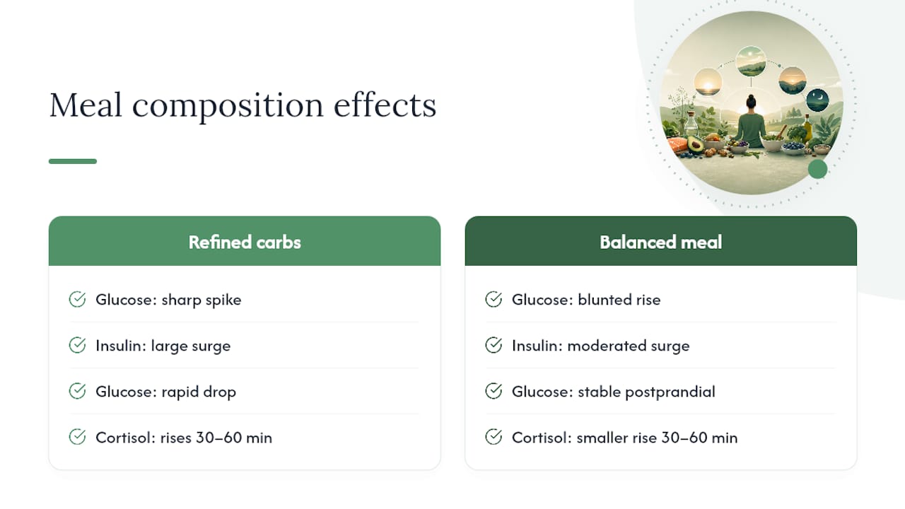 Diagram showing blood sugar and cortisol changes with meal types