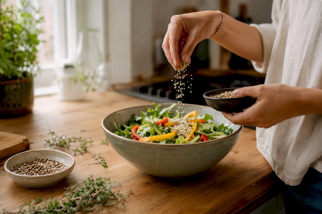 Hands sprinkling chia seeds on salad with walnuts nearby