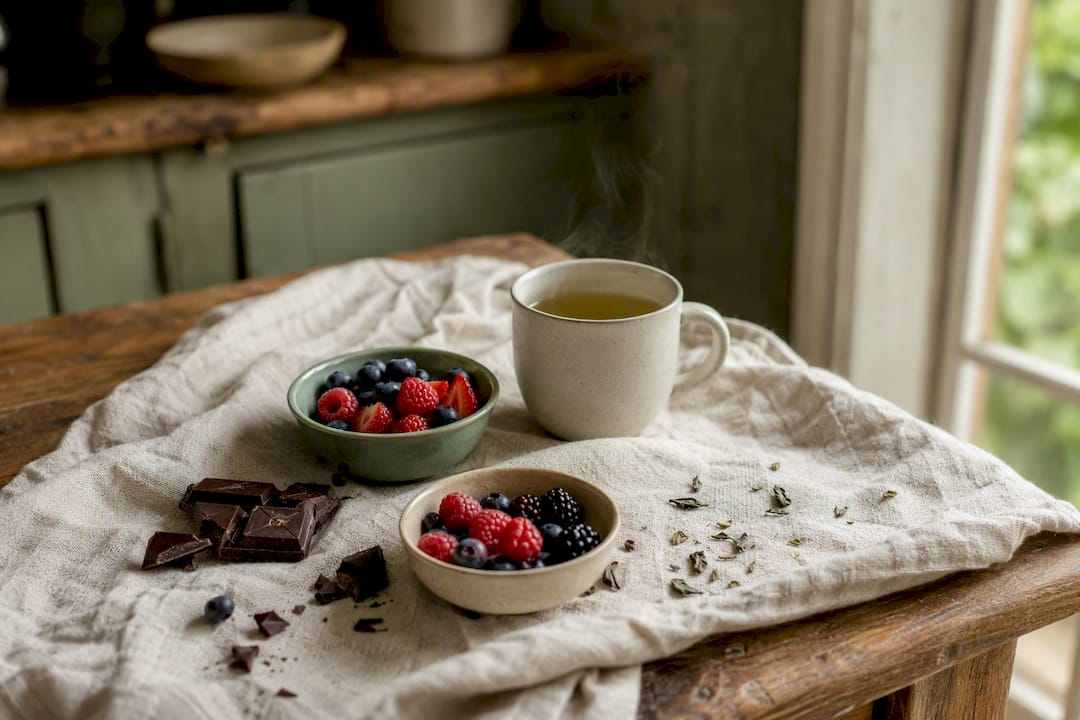 Berries, dark chocolate and green tea on rustic cloth